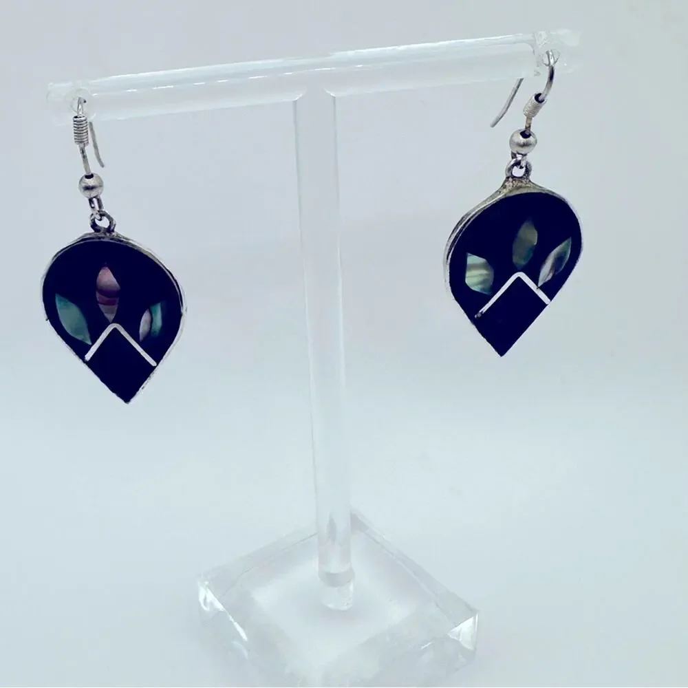 Mexico Alpaca Silver Dangle Earrings Floral Abalone Shell Inlay Casual Jewelry